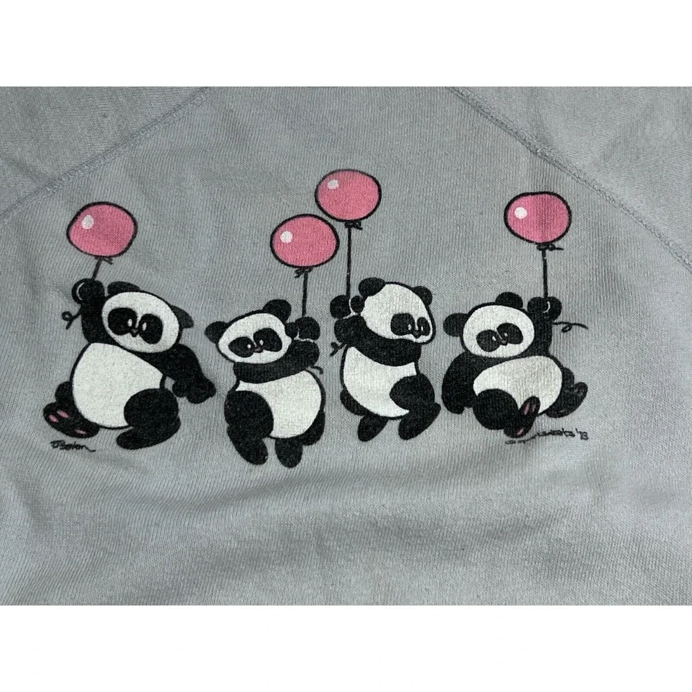 Vintage 80s 90s Cute Animal‎ Sweatshirt Panda Bears Raglan Gray Size S Sun Faded - Picture 3 of 8